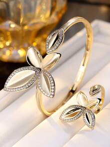 2pcs Set Minimalist Four-Leaf Butterfly Design Luxury Bracelet & Ring Set, Suitable For Women's Daily Wear & Gift - Bracelet Ring Set - View 6