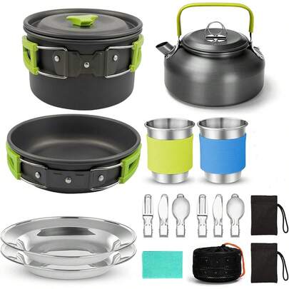 Camping BateríA De Cocina Al Aire Libre Set Olla Tetera Set - Juego De Vajilla 2-3 Personas Ollas De Aluminio, Para Camping Al Aire Libre, Senderismo Y Picnic(Verde)