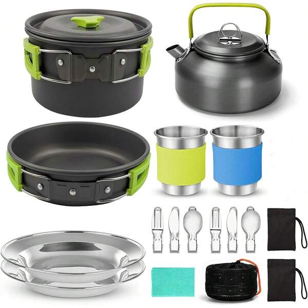 Camping BateríA De Cocina Al Aire Libre Set Olla Tetera Set - Juego De Vajilla 2-3 Personas Ollas De Aluminio, Para Camping Al Aire Libre, Senderismo Y Picnic(Verde)