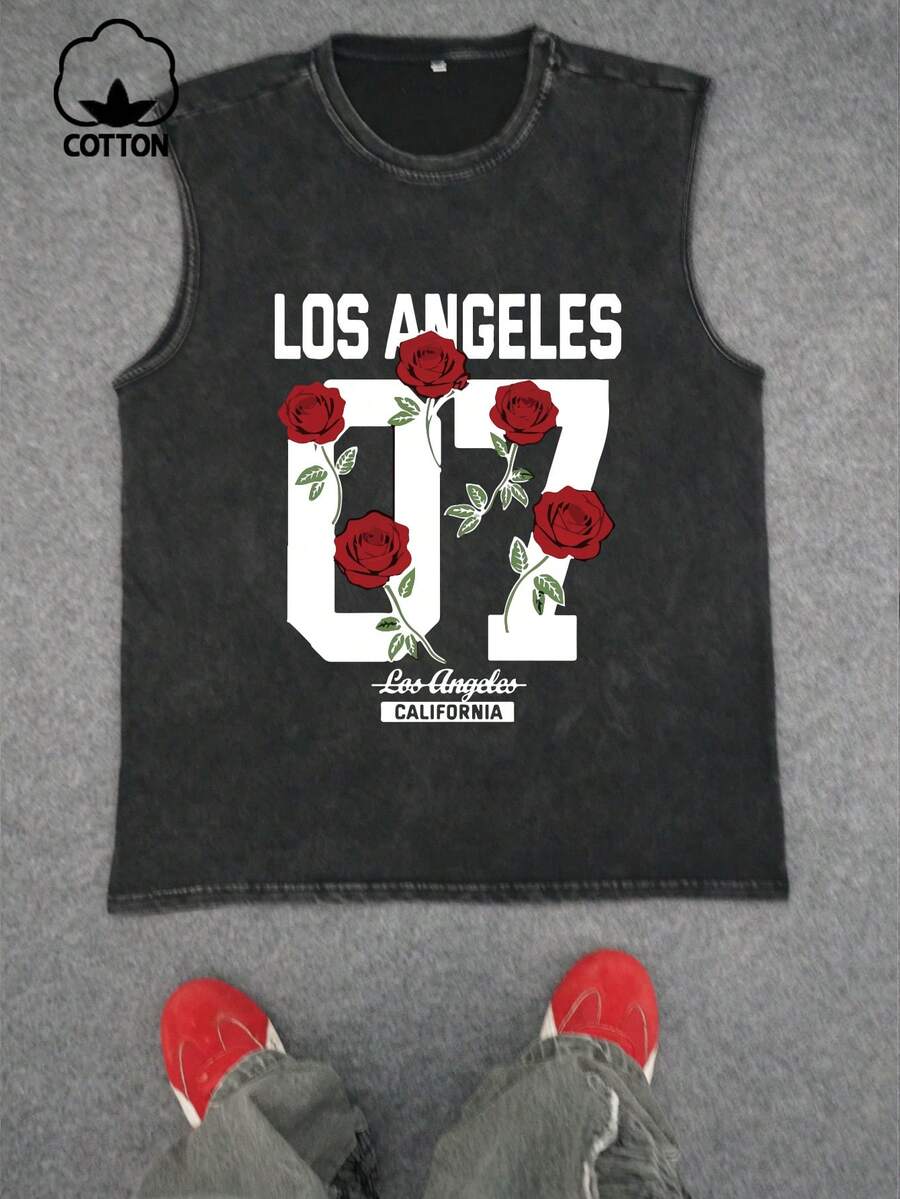 Plus Size Men's Casual Tank Top, Creative "07" English Graphic Print, Urban Street Style Casual Sports Weekend Wear, Spring/Summer/Autumn - Black - View 1