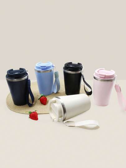 1 pieza Taza de café de acero inoxidable aislada de 350ml | Vaso de viaje portátil con correa y tapa abatible | A prueba de fugas, boca ancha para una fácil limpieza | Ideal para oficina, exteriores, viajes, escuela, hogar, fiestas | Regalo perfecto para fiestas, cumpleaños y para ella