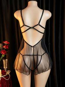 Sexy Lingerie, Hollowed Out Dress, Two Pieces Set: Dress+Thong, Women's Lingerie And Sexy Dress - 黑色 - 查看 3