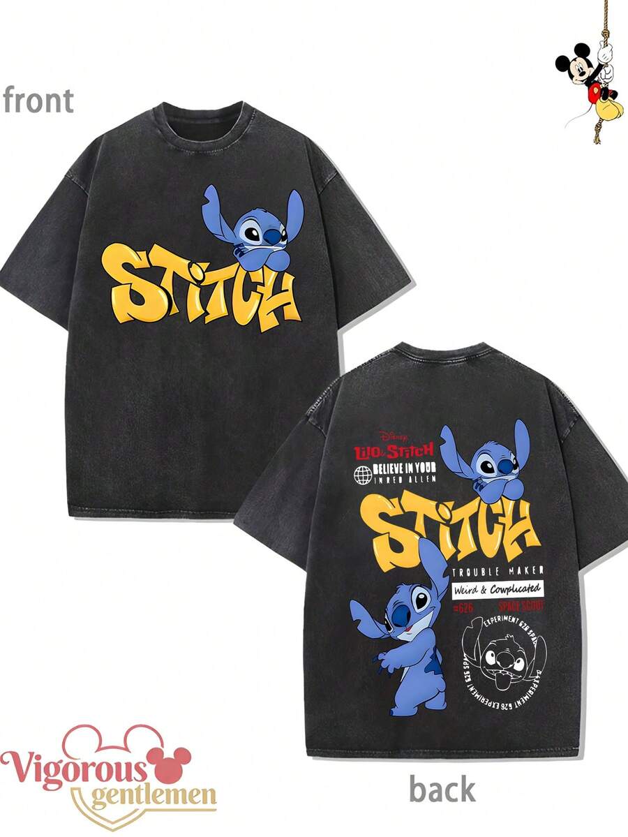 Disney Machine-Sewn Large Letter Pattern T-Shirt For Summer, Retro Washed, 230g T-Shirt - Black - View 1