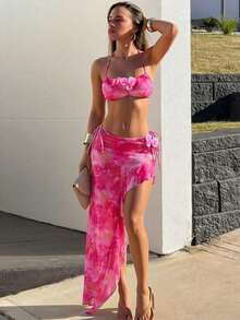 Bộ 3 món bikini nữ in hoa, có đệm mút, dây đeo điều chỉnh được, buộc phía sau, kiểu dáng thanh lịch và gợi cảm, thích hợp cho bãi biển và kỳ nghỉ hè quanh năm. - Màu Hồng Tươi - Xem 15