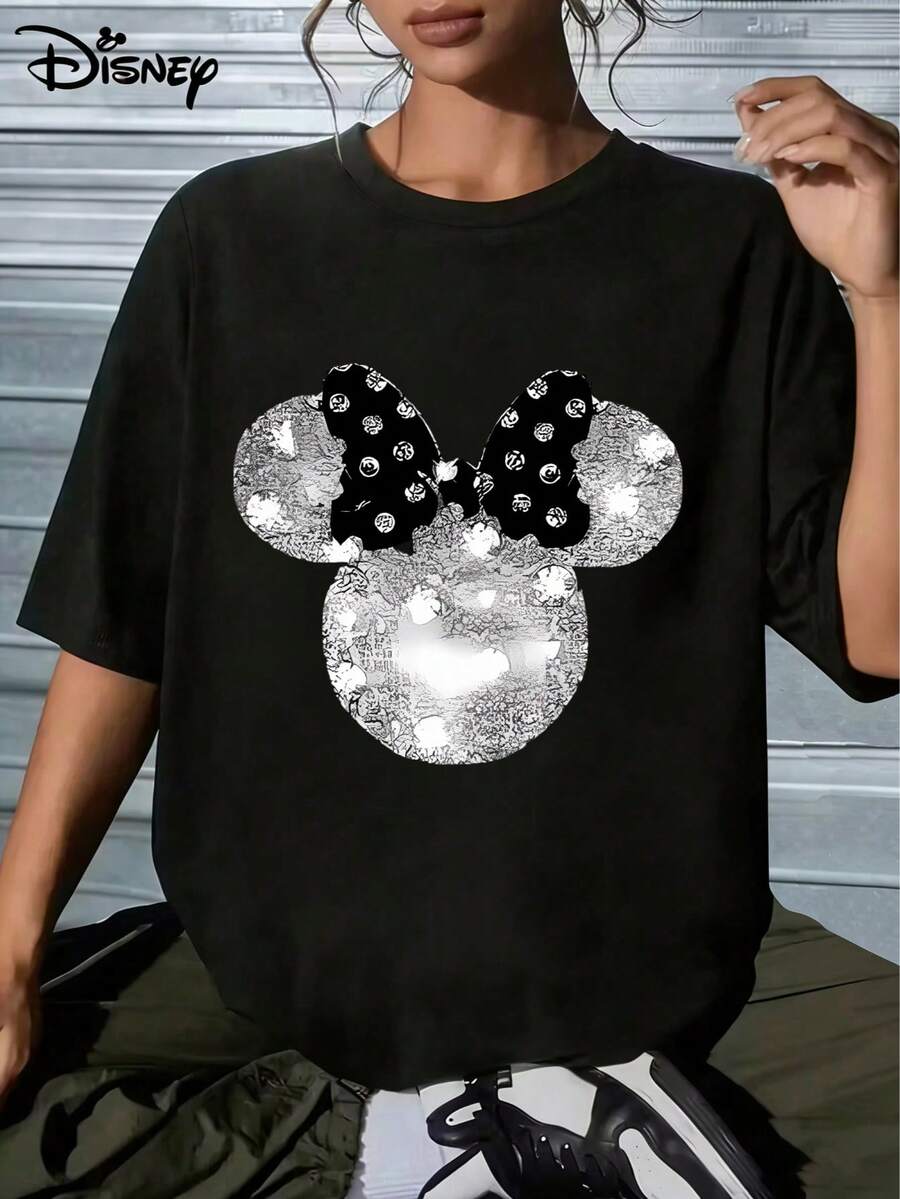 Stylish Disney Minnie Mouse Abstract Graphic T-Shirt, Soft Cotton, Breathable Pullover Tee For Casual Daily Wear And Disney FansMade From Soft, Comfortable, And Durable Pure Cotton, This Is An Ideal Choice For Spring And Summer. This Crew Neck T-Shirt Is Suitable For Various Occasions, Including Everyday Wear, Shopping, Parties, Travel, And Gatherings, And Also Makes A Thoughtful Gift. - 黑色 - 查看 1