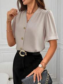 Freeform Reminder: (Recommend Choosing One Size Smaller As The Size Runs Large) New Spring/Summer Women's V-Neck Shirt, Autumn/Winter Blouse, Elegant Business Casual Vacation High-Quality Versatile Slim Cute Top, Retro Korean Style - White Brown - View 2