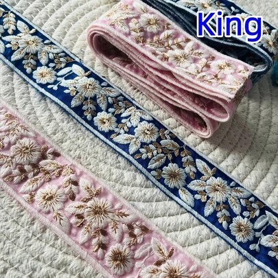 Elegant Floral Lace Trim - Blue & Pink Color With Golden Sequins, Exquisite Leaf Pattern, Suitable For Clothing, Hanfu, Dresses, Sewing Crafts, Can Decorate Cuffs, Collars And Details. Ideal Choice For Fashion Designers And Hobbyists, Suitable For DIY Crafts. Can Be Used For Christmas And Halloween Lace Sewing Decoration