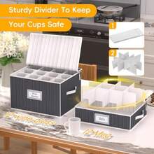 Caja de almacenamiento de copas de vino recipientes de almacenamiento de cristalería con soporte inferior lateral de carcasa dura y divisores acolchados funda de almacenamiento apilable para 24 - Gris - Ver 3
