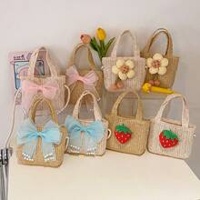 Pink Bow Straw Handbag, Girly Woven Underarm Bag, Summer Mini Purse - Multicolor - View 5