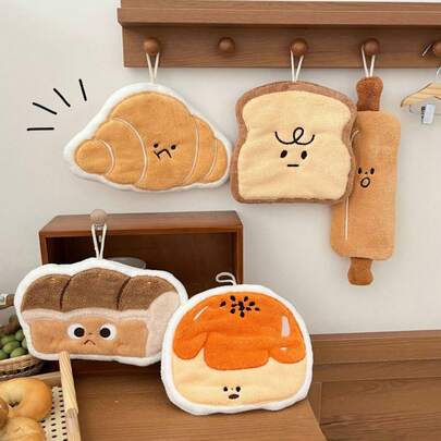 1条可爱面包造型毛巾，吸水性强，可悬挂使用，适用于厨房、浴室和房间装饰。吸水性强，易于清洁。厨房毛巾，浴室配件（图片与实物可能存在轻微色差）