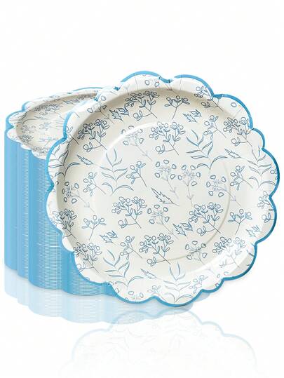 10个/20个/30个装 9.8英寸复古蓝色花卉派对餐盘，蓝白植物风格波浪边纸盘，优雅餐具，适合下午茶、生日、新娘送礼会和花园派对