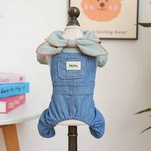 1pc Pet Clothes, Cute 4-Leg Outfit, Durable & Washable Apparel For Small/Medium Dogs, Bow Tie Collar & Suspender Pants - Blue - View 13