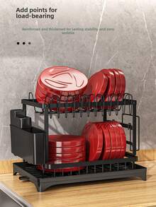 1个双层钢制碗碟晾干架 - 包括餐具架、杯架、额外晾干垫 - 节省空间、防锈、耐用且易于清洁的厨房收纳架；坚固稳定的碗碟架；可用于存放碗、盘子、杯子、刀具；厨房置物架。 - 彩色 - 查看 5