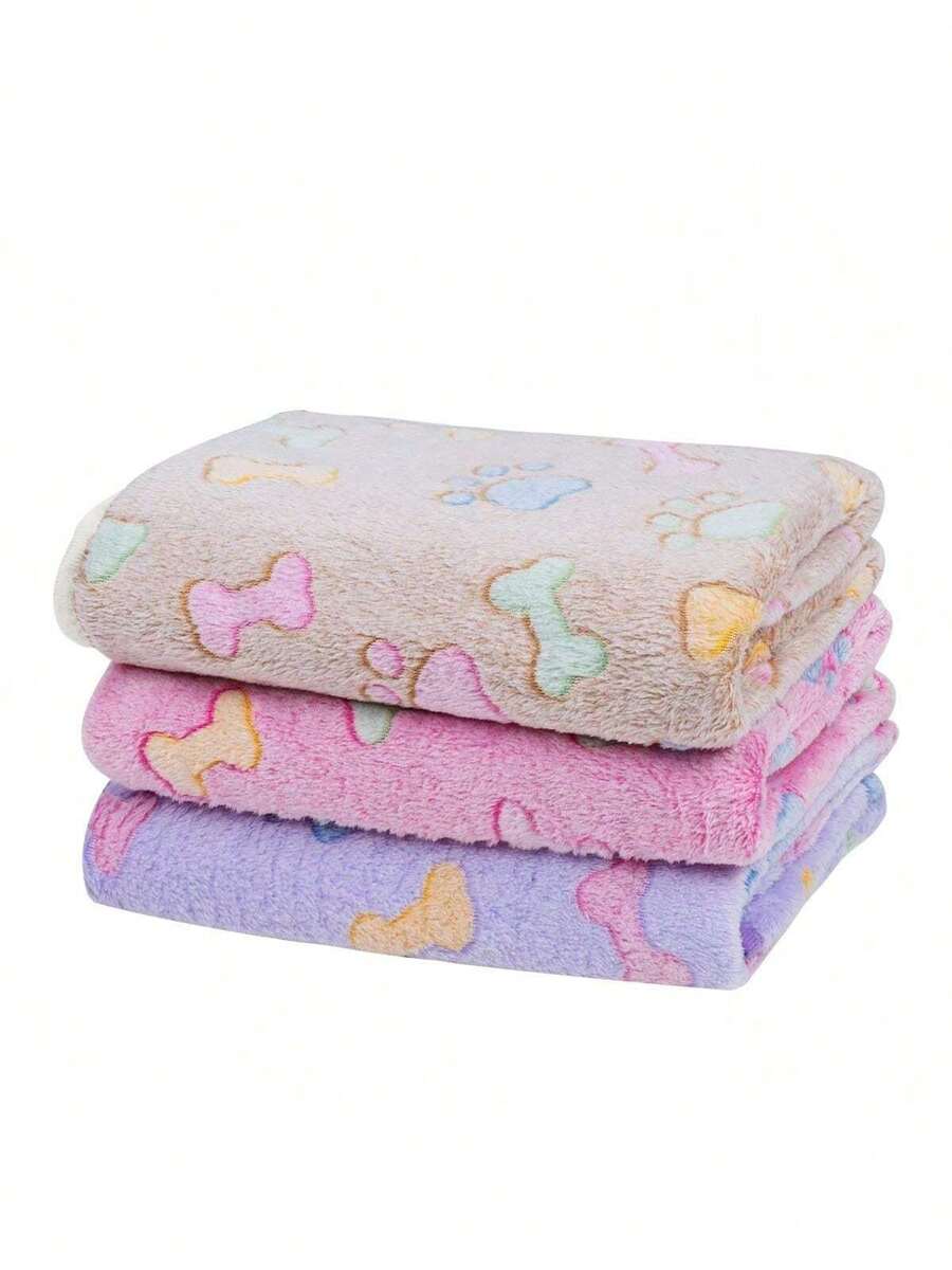3pcs Pet Blanket, Super Soft & Fluffy High-Quality Cute Paw & Bone Pattern Pet Fleece Blanket, Suitable For All Seasons - Mixed 3 Colors, Size M, 52*76 cm - View 1