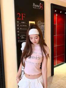 性感女孩字母印花短袖T恤，修身短版荷葉邊下擺上衣，女款夏季 - 淺粉色 - 查看 5