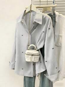 Women's Bow Tie Striped Print Long Sleeve Shirt, Button Front, Shirt Collar, Casual Top, Suitable For Spring, Autumn And Winter - Grey - View 2