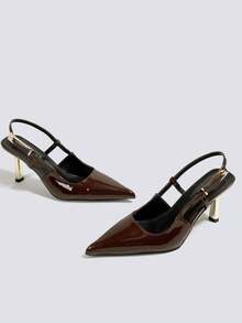 Giày cao gót nữ màu nâu cà phê bằng da bóng, giày cao gót hở mũi, giày cao gót dự tiệc, giày cưới, giày Mary Jane, giày công sở, giày cao gót hở gót, mũi nhọn, có khóa cài. - màu nâu - Xem 3