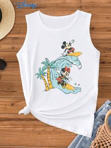 Disney 1pc Women's Cartoon Graphic Print Camisole, Fashionable Ladies' Tank Top, Round Neck Stretchy, Suitable For Daily Wear, Easy Care Material, Casual Women's Vest - White - View 1