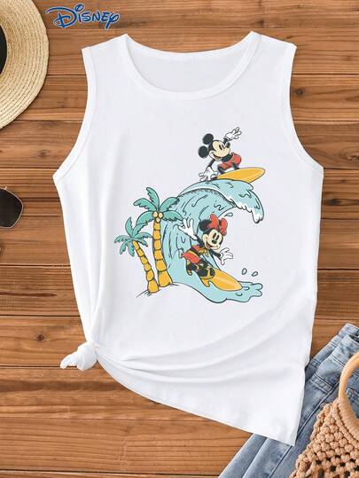 Disney 1pc Women's Cartoon Graphic Print Camisole, Fashionable Ladies' Tank Top, Round Neck Stretchy, Suitable For Daily Wear, Easy Care Material, Casual Women's Vest