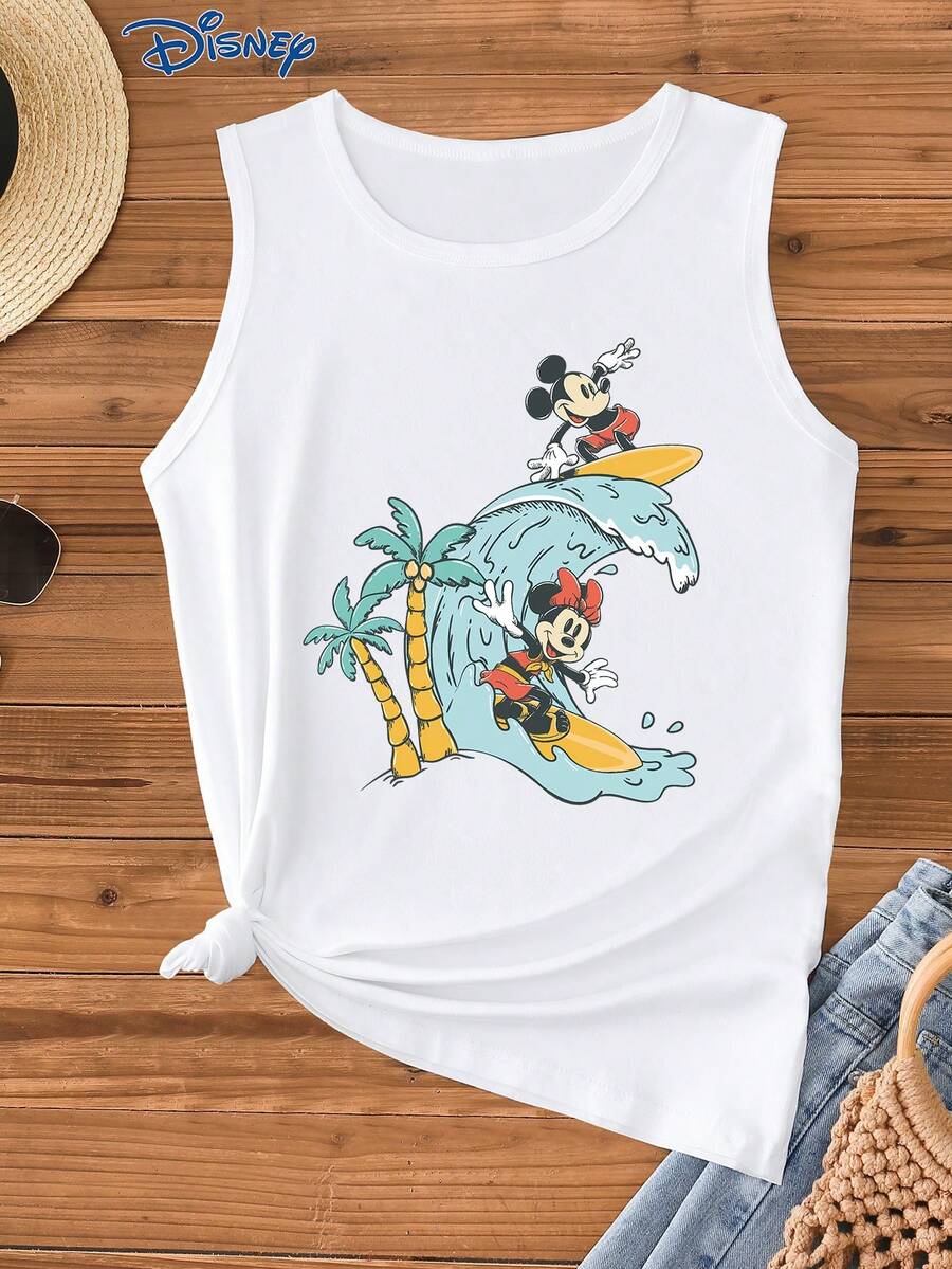 Disney 1pc Women's Cartoon Graphic Print Camisole, Fashionable Ladies' Tank Top, Round Neck Stretchy, Suitable For Daily Wear, Easy Care Material, Casual Women's Vest - White - View 1