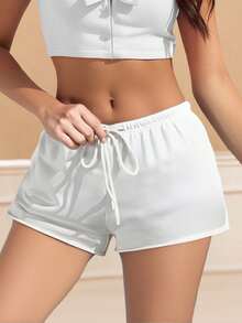 Women's Summer Drawstring Shorts Solid Color Low Waist Casual Breathable Short Pants - White - View 3