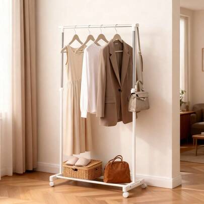 Perchero con ruedas de metal de altura ajustable, organizador de ropa blanco