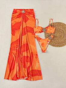 New Arrival Spring/Summer Women's Fashion Elegant Casual Beach Vacation Date Party Floral Print Spaghetti Strap Bikini Set Set And Mini Skirt - 彩色 - 查看 3