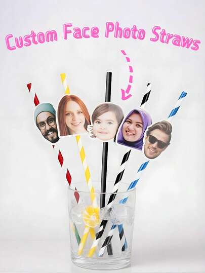 Personalized Face Straw - Customized Face Shape Cut-Out, Personalized Face Photo Sticker With Straw And Holder, Christmas Gift, Home Decor, Decorations, Personalized Gift, Custom Gift, Surprise Gift, Wedding Essential, Suitable For Birthday, Wedding, Holiday, Celebration Party