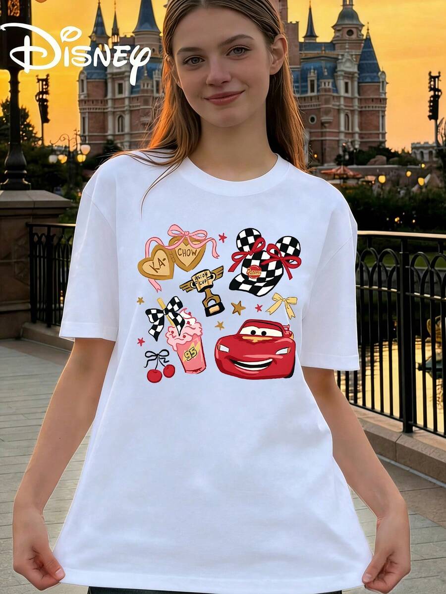 Women's Casual White Cotton Short Sleeve Round Neck T-Shirt With Fun Disney Pixar Cars & Mickey Mouse Race Theme Graphic Print Top - White - View 1