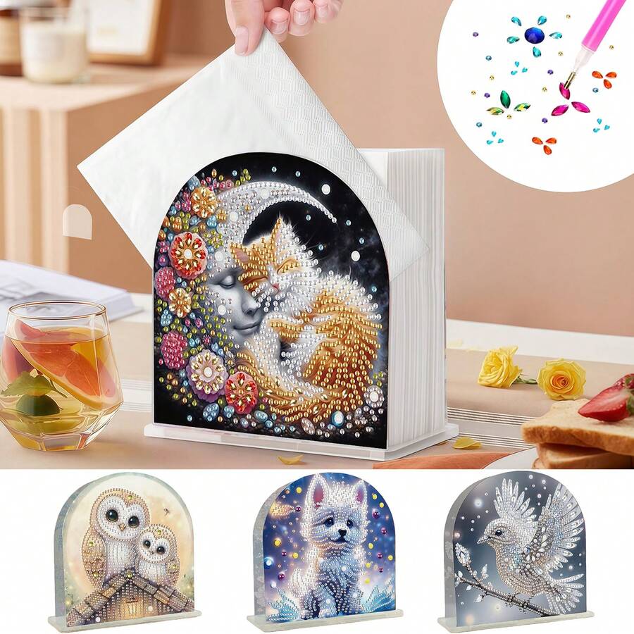 1pc Diamond Painting Tissue Box Kit - Cats, Owls, Puppies, Doves Patterns, Acrylic Material DIY Rhinestone Handicraft, Open-Style Tissue Box - Convenient For Dining Table, Living Room, Gift Giving