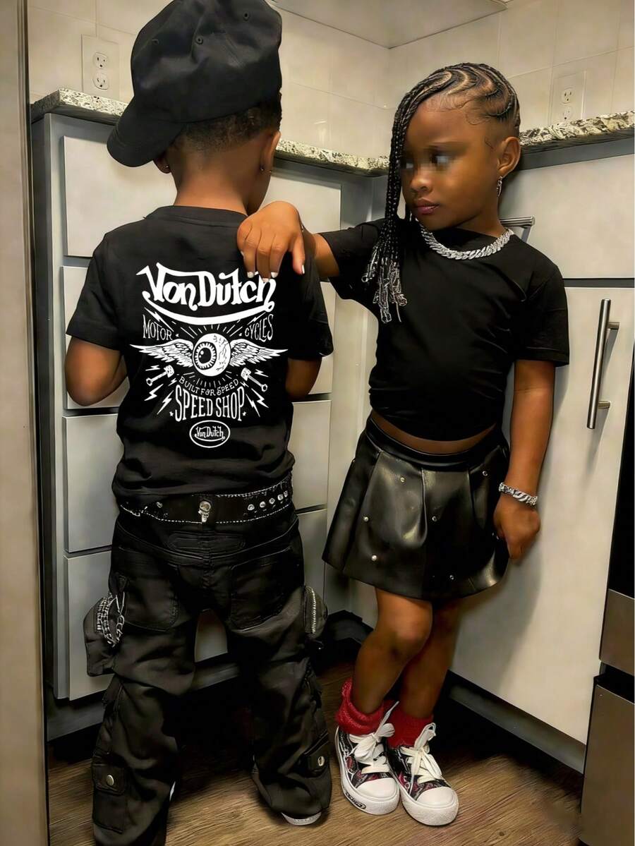 男童休闲时尚街头通勤标语印花短袖T恤，夏季 - 黑色 - 查看 1