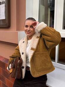 Áo khoác mùa đông nữ, áo khoác lông cừu mùa thu, áo khoác phong cách đường phố, áo khoác ngoài Giáng sinh, áo khoác mùa đông ngắn cho nữ. - Màu Khaki - Xem 3