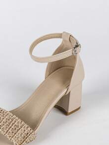 女士编织水钻高跟露趾凉鞋，优雅温柔风格，米色中跟皮鞋 - 杏色 - 查看 8