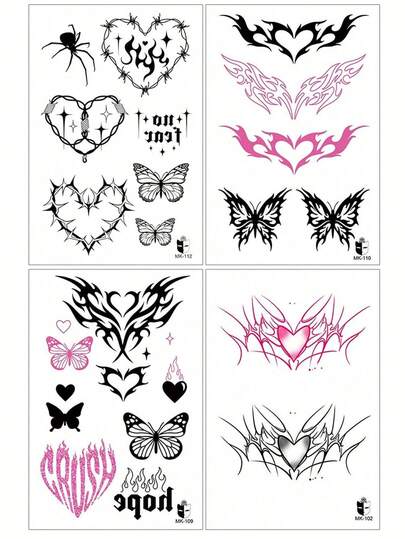 4pcs Y2K Style Black & Pink Heart, Butterfly, Spider Temporary Tattoo Stickers For Wrist, Body, Chest, Back
