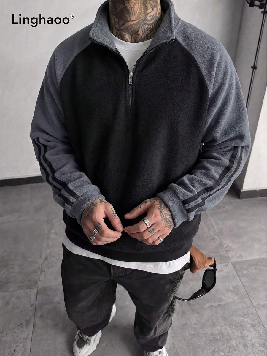 男士秋季撞色侧条纹立领百搭舒适柔软半拉链套头卫衣 - 黑色 - 查看 1