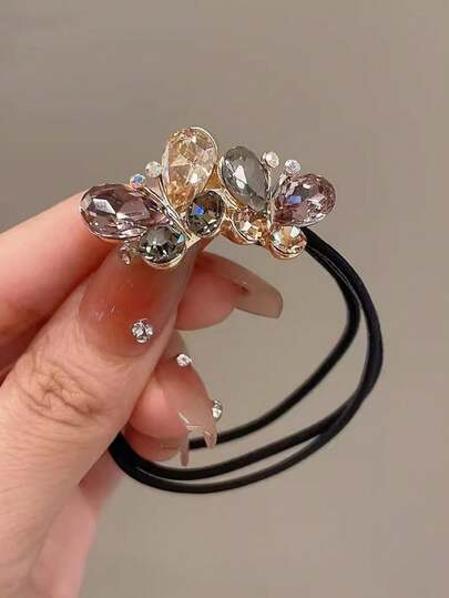 1个优雅彩色蝴蝶水钻发圈，清新高弹马尾/发髻固定发饰，女士