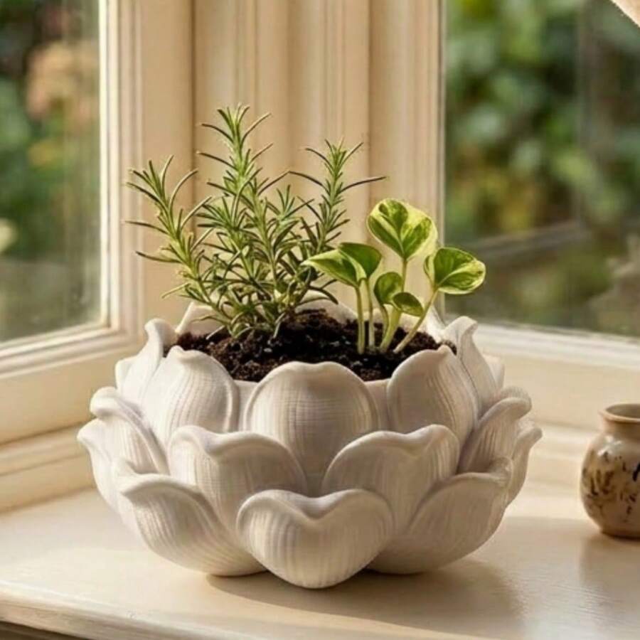 迷你塑料莲花盆,适用于多肉植物、仙人掌和小盆栽,桌面迷你花盆,白色和金色,家居/办公装饰 - A - 查看 1