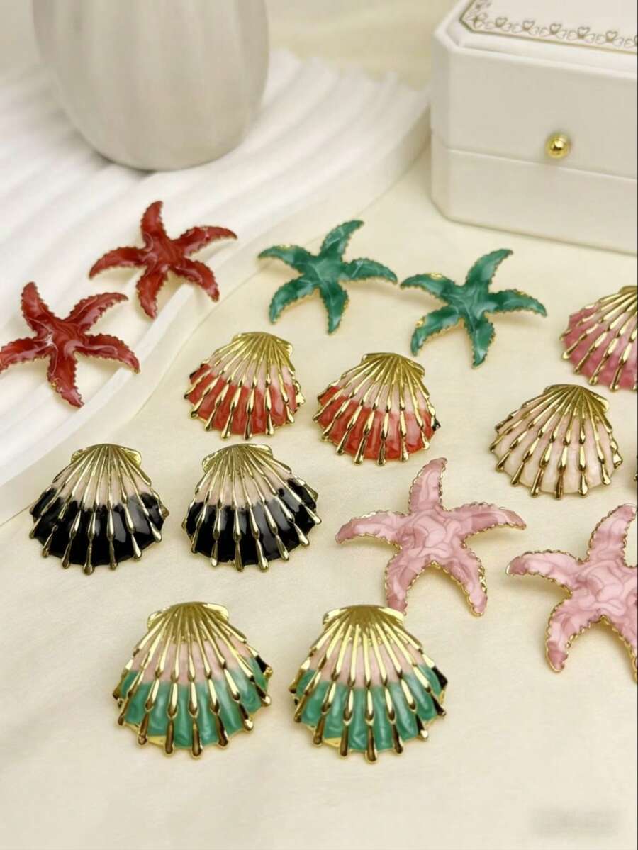 2-4对简约贝壳/海星造型耳环套装，采用低过敏性不锈钢精心打造。这些珠宝的设计灵感源自海滨度假风格，专为女性设计。 - 彩色 - 查看 1