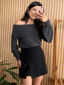 Knit Blouse With Off-The-Shoulder Yoke And Long Sleeves - Gris Oscuro - Ver 1