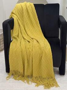 1件小方格双色格纹编织沙发毯，休闲涤纶长方形流苏毯，适合办公室小憩和日常使用 - 水波紋黃 - 查看 2