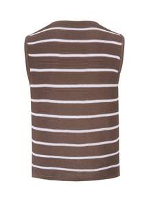 Joy Knit 女士春夏新款针织上衣 - 休闲简约 V 领条纹系带蝴蝶结背心罩衫度假沙滩装 - 棕色 - 查看 6