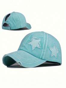 1pc Ladies' Embroidered 5-Pointed Star Washed Ponytail Distressed Baseball Cap, Sun Protection Leisure Hat Suitable For Spring/Autumn Travel, Beach Holidays, Men's Sun Hat, Y2K Style Youth Hat - A - 查看 12