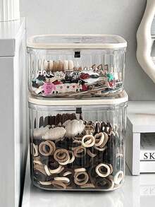 1 pièce Boîte de rangement transparente pour accessoires de cheveux, organisateur de bureau sensible à la pression - Conception à clapet, entièrement transparent, grande capacité, idéal pour ranger les pinces à cheveux, élastiques, bandeaux et bijoux. Un cadeau parfait pour la Saint-Valentin ou un anniversaire - Transparent - Voir 3