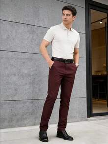 Pantalones formales de negocios de unicolor para hombres, pantalones rectos de negocios, adecuados para todas las estaciones, ocasiones casuales y formales - Burdeos - Ver 2