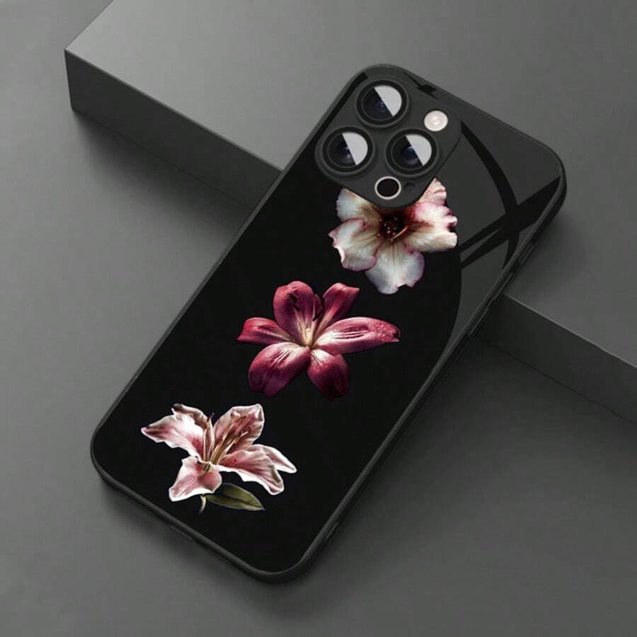 1 chiếc ốp lưng điện thoại bằng kính cường lực, họa tiết 3 bông hoa tối giản, thanh lịch, cao cấp, vừa vặn với Apple. - màu đen - Xem 1