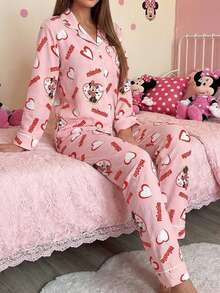 Disney Bộ đồ ngủ 2 món in họa tiết, tay dài, xếp ly, kiểu dáng thường ngày dành cho nữ, gồm áo và quần dài. - Hồng - Xem 1