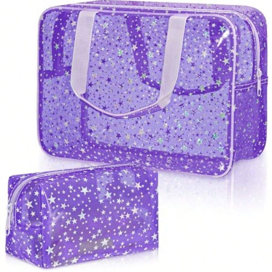 Aliceset - 2 bolsas grandes de maquillaje de estrellas transparentes de 12 x 5 x 8 pulgadas bonita bolsa de cosméticos con asa y bolsa de maquillaje mediana impermeable de PVC bolsa de - Púrpura - Ver 1