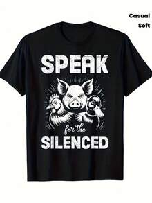 Camiseta de Hombre de Tejido Grueso 100% con Estampado de Derechos de los Animales| Diseño interesante que emite sonidos de cerdos y gallinas silenciosos, camiseta de cuello redondo suave y ligeramente elástica, promueve el bienestar animal, adecuada para un uso casual y expresivo, disponible en tallas S-XXL. - Negro - Ver 7