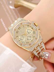 2pcs/Set Jam Tangan Mewah Pria, Tali Paduan Logam, Warna Emas, Jam Tangan Hip Hop Fashion Pria, Set Jam Tangan Quartz Bisnis dengan Dial Berlian - Emas - View 4