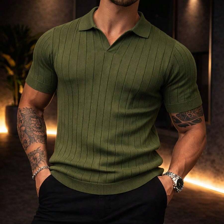 Men's Chic Lightweight Textured Knit Sweater Shirt, High Quality, Perfect For Autumn And Winter, Father's Day. - xanh quân đội - Xem 1